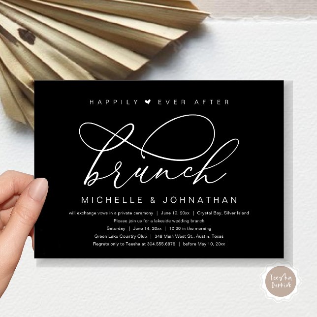 Convite Felizmente Depois De Brunch, Partido Romântico Mod (Happily Ever After Brunch Party, Invitation Card, Modern Romantic Wedding Elopement, Classy Black)