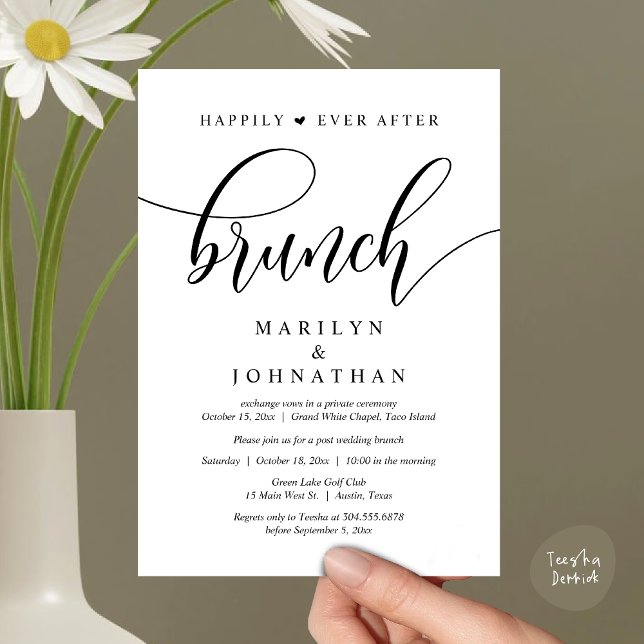 Convite Felizmente Depois De Brunch, Poste Casamento (Happily Ever After Lunch, Wedding Party Invitation Card PDF Modern Beautiful White Black)