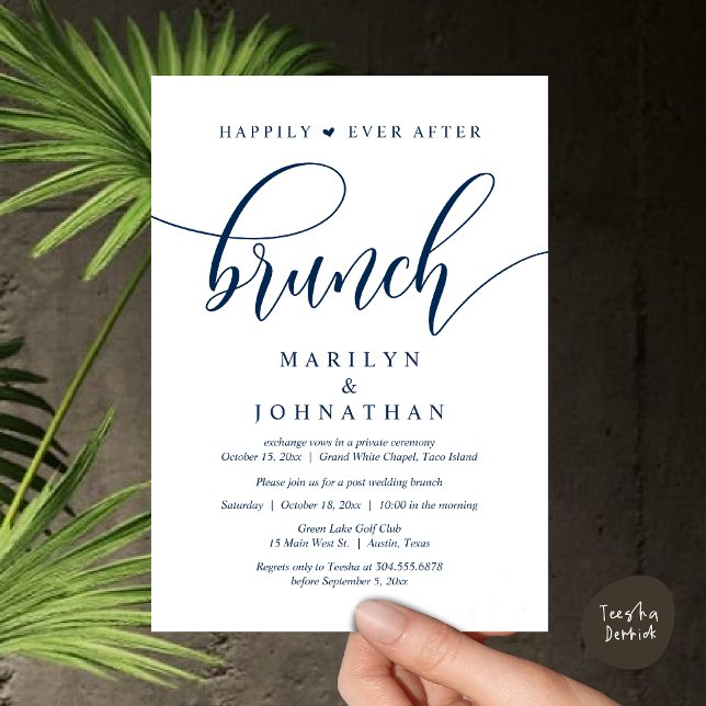 Convite Felizmente Depois De Brunch, Poste Casamento (Happily Ever After Lunch, Wedding Party Invitation Card PDF Modern Beautiful Navy Blue)
