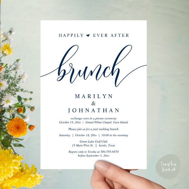 Convite Felizmente Depois De Brunch, Poste Casamento (Happily Ever After Lunch, Wedding Party Invitation Card PDF Modern Beautiful Navy Blue)