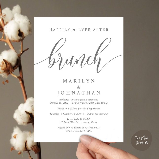 Convite Felizmente Depois De Brunch, Poste Casamento (Happily Ever After Brunch, Wedding Party Invitation Card PDF Modern Beautiful Dark Grey)