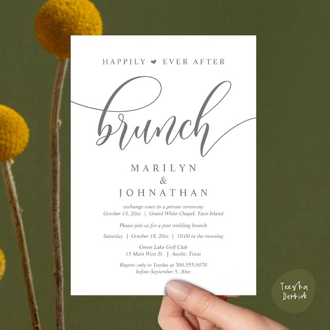 Convite Felizmente Depois De Brunch, Poste Casamento (Happily Ever After Brunch, Wedding Party Invitation Card PDF Modern Beautiful Dark Grey)