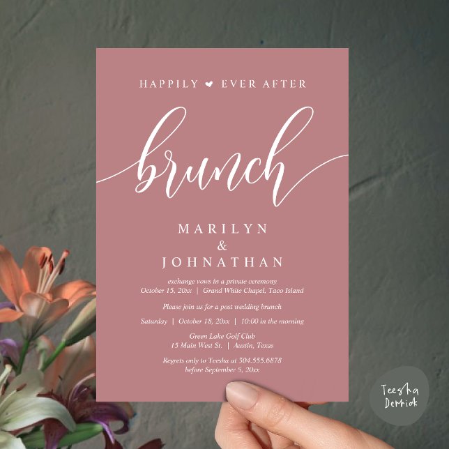 Convite Felizmente Depois De Brunch, Poste Casamento (Happily Ever After Brunch, Wedding Party Invitation Card PDF Modern Beautiful Dusty Rose Pink)