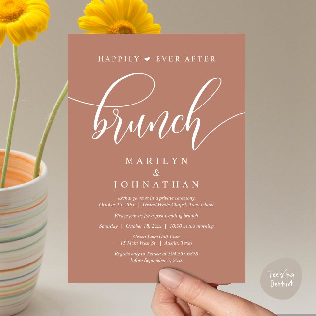 Convite Felizmente Depois De Brunch, Poste Casamento (Happily Ever After Brunch, Wedding Party Invitation Card PDF Modern Beautiful Terracotta Earthy)