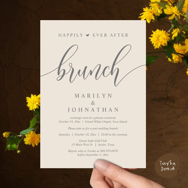 Convite Felizmente Depois De Brunch, Poste Casamento (Happily Ever After Brunch, Wedding Party Invitation Card PDF Modern Beautiful Cream Grey)