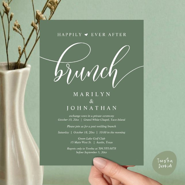 Convite Felizmente Depois De Brunch, Poste Casamento (Happily Ever After Brunch, Wedding Party Invitation Card PDF Modern Beautiful Greenery Sage Green)