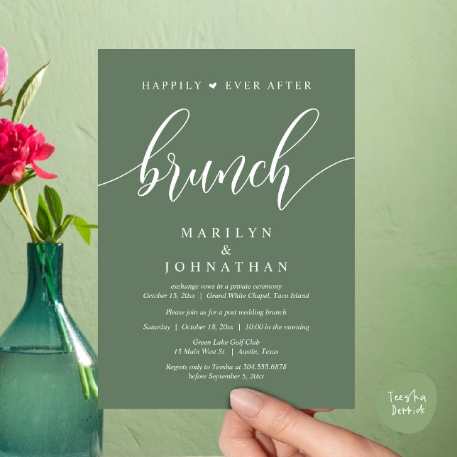 Convite Felizmente Depois De Brunch, Poste Casamento (Happily Ever After Brunch, Wedding Party Invitation Card PDF Modern Beautiful Greenery Sage Green)
