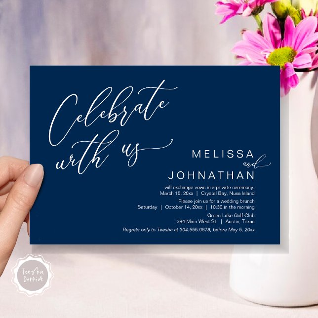 Convite Felizmente Depois De Casar O Brunch (Celebrate with us, Nothing Fancy Just Love, Romantic Wedding Brunch Invitation Card PDF Navy Blue)