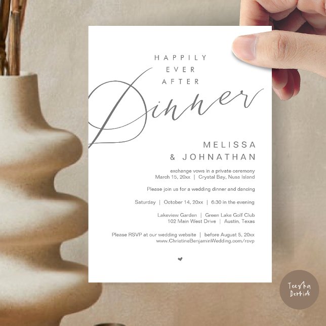 Convite Felizmente Depois De Jantas, Cinzas Escuras Festas (Happily Ever After Dinner Invitation Card, PDF, Modern Romantic Wedding Elopement , in Dark Grey)