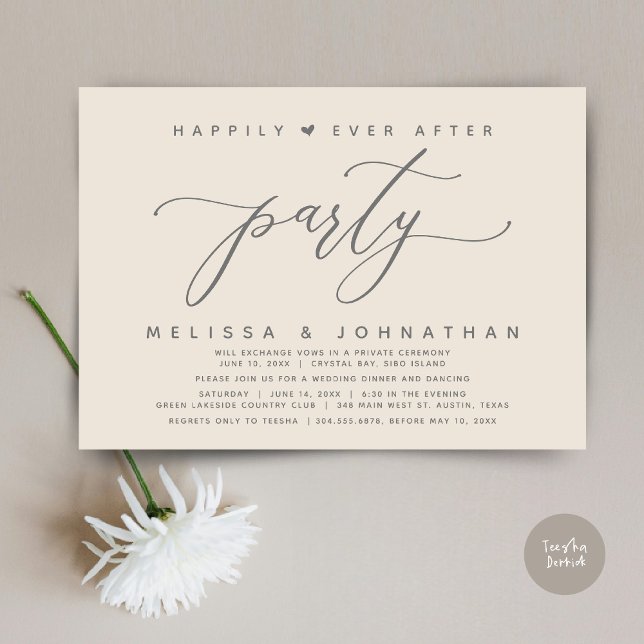Convite Felizmente Depois De Janto De Casamento Com Cinzas (Modern Romantic Wedding Elopement Happily Ever After Dinner Party Invitation Card, PDF, Cream Grey)
