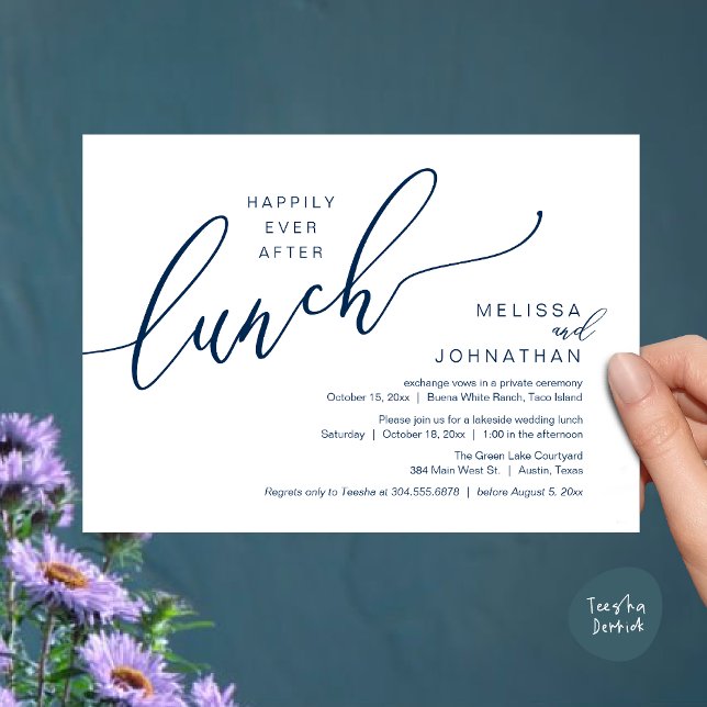 Convite Felizmente Depois Do Almoço Casamento Poste Românt (Happily Ever After Lunch Romantic Post Wedding Invitation Card PDF in Navy Blue)
