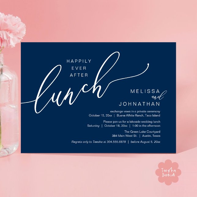 Convite Felizmente Depois Do Almoço Casamento Poste Românt (Happily Ever After Lunch Romantic Post Wedding Invitation Card PDF in Navy Blue)
