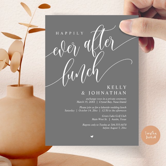Convite Felizmente Depois Do Almoço De Casamento, Cinza Es (Happily Ever After Lunch Invitation Card, PDF, Post Wedding Celebration, in Classy Dark Grey)