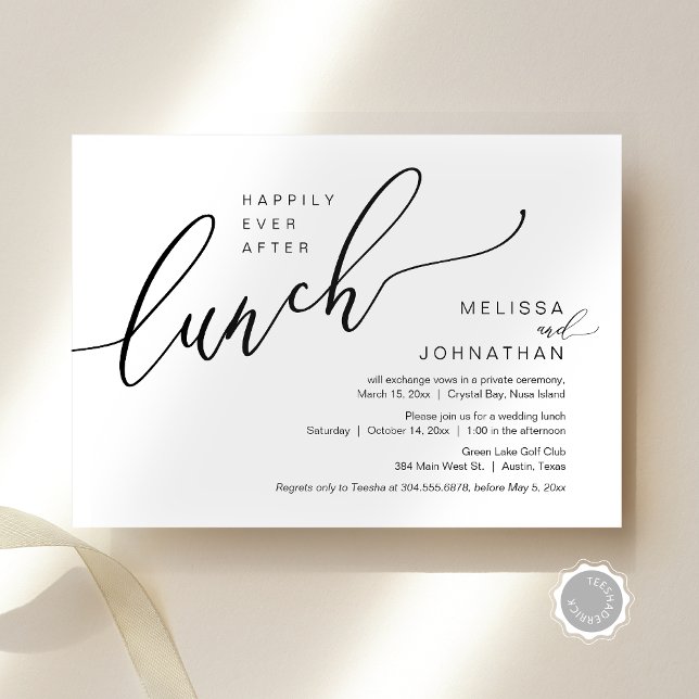 Convite Felizmente Depois Do Almoço De Elopemento De Casam (Happily Ever After Wedding Elopement Lunch Invitation Card, Modern Romantic, Editable Downloadable)