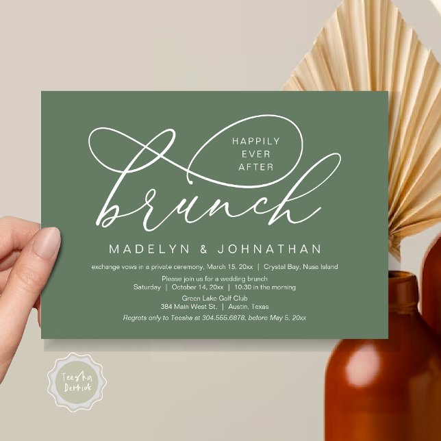 Convite Felizmente Depois Do Almoço, Elopemento De Casamen (Happily Ever After Brunch, Wedding Elopement Party Invitation Card, PDF, Classy, Forest Sage Green)