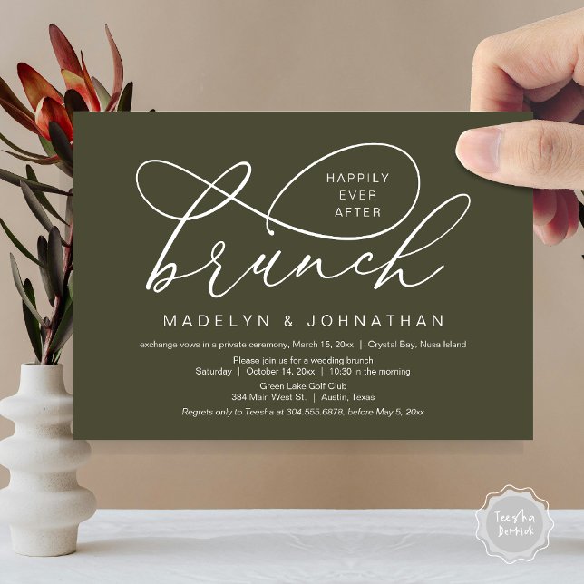 Convite Felizmente Depois Do Almoço, Elopemento De Casamen (Happily Ever After Brunch, Wedding Elopement Party Invitation Card, PDF, Classy, Olive Green)