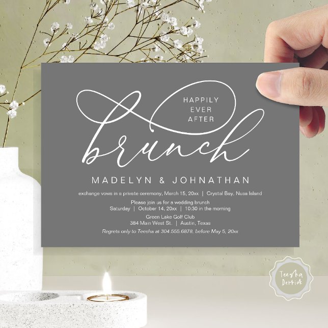 Convite Felizmente Depois Do Almoço, Elopemento De Casamen (Happily Ever After Brunch, Wedding Elopement Party Invitation Card, PDF, Classy, Dark Grey)