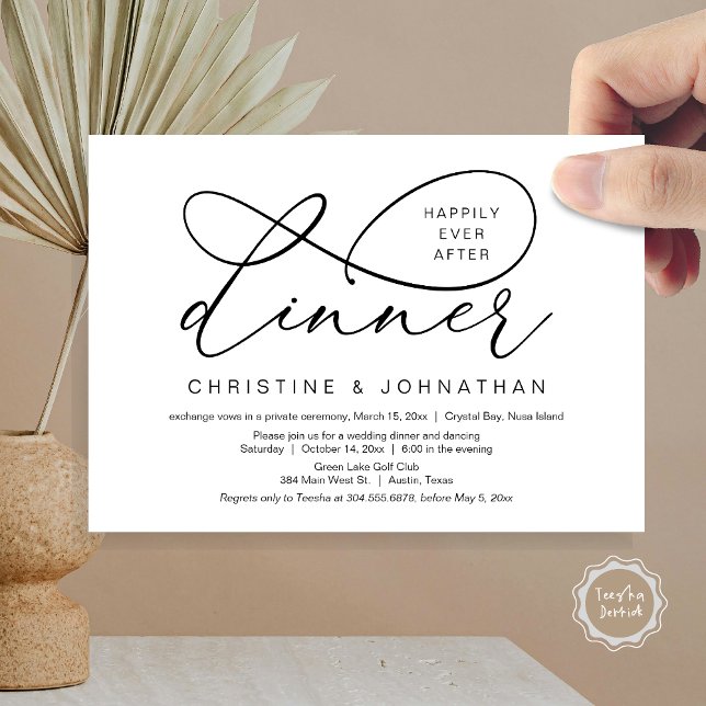 Convite Felizmente Depois Do Almoço, Elopemento De Casamen (Happily Ever After Dinner, Wedding Elopement Invitation Card, Classy Script, in Black and White)