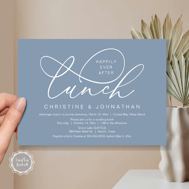 Convite Felizmente Depois Do Almoço, Elopemento De Casamen (Happily Ever After Lunch, Wedding Elopement Invitation Card, PDF, Classy Script, in Dusty Blue)
