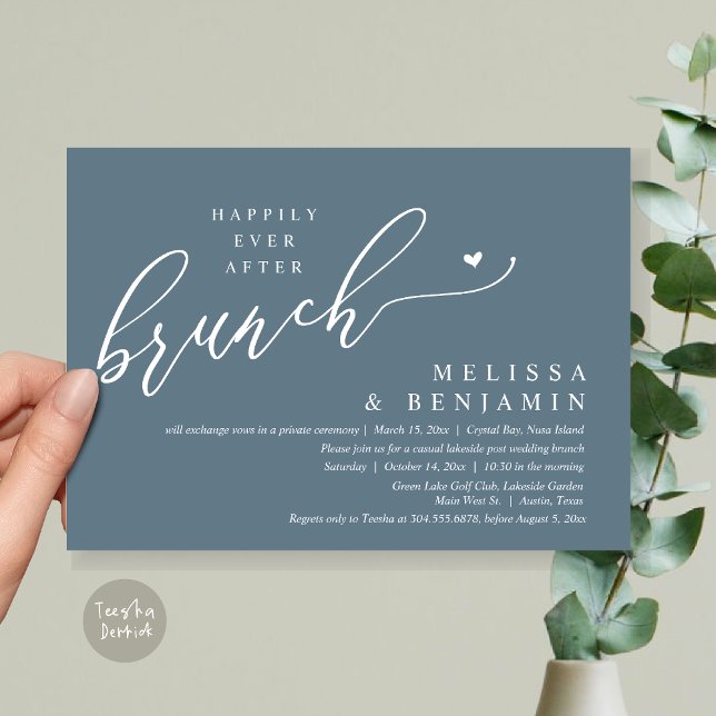 Convite Felizmente Depois Do Alopemento De Casamento De Br (Happily Ever After Brunch, Modern Romantic Heart Wedding Elopement Card, PDF, in Dusty Blue)
