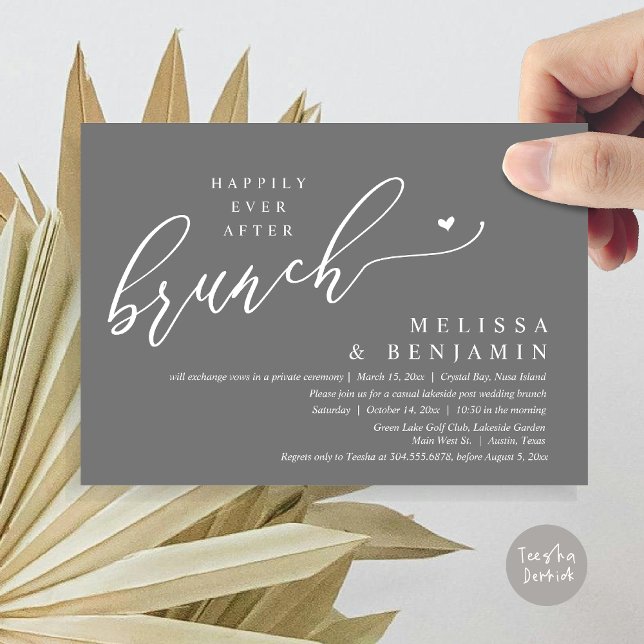 Convite Felizmente Depois Do Alopemento De Casamento De Br (Happily Ever After Brunch, Modern Romantic Heart Wedding Elopement Card, PDF, in Dark Grey)