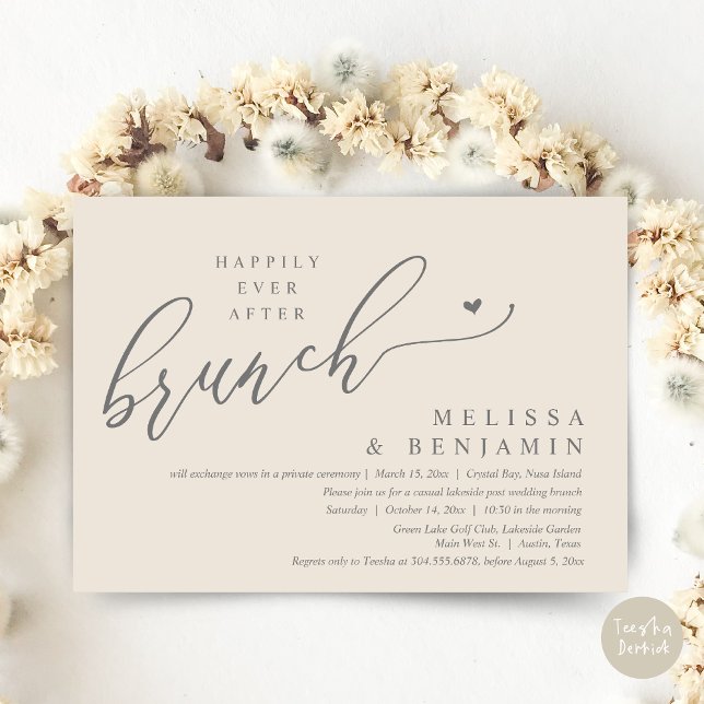 Convite Felizmente Depois Do Alopemento De Casamento De Br (Happily Ever After Brunch, Modern Romantic Heart Wedding Elopement Card, PDF, in Cream Dark Grey)