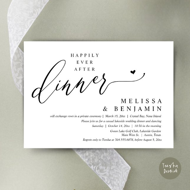 Convite Felizmente Depois do Coração de Casamento Jante (Happily Ever After Dinner Invitation Card, PDF, Romantic Wedding Elopement, Lovely Heart, Black)