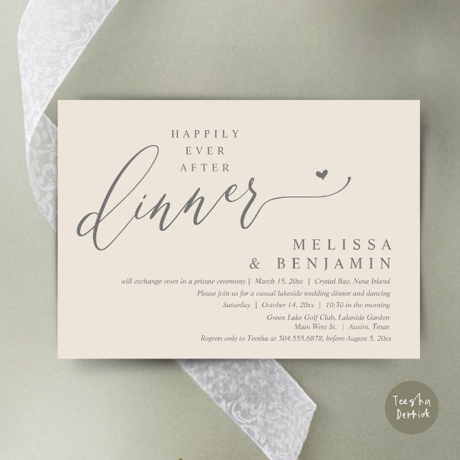 Convite Felizmente Depois do Coração de Casamento Jante (Happily Ever After Dinner Invitation Card, PDF, Romantic Wedding Elopement, Lovely Heart, Cream Grey)