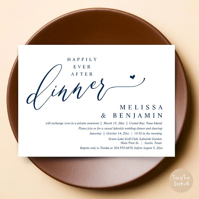 Convite Felizmente Depois do Coração de Casamento Jante (Happily Ever After Dinner Invitation Card, PDF, Romantic Wedding Elopement, Lovely Heart, Navy Blue)