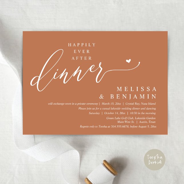 Convite Felizmente Depois do Coração de Casamento Jante (Happily Ever After Dinner Invitation Card, PDF, Romantic Wedding Elopement, Lovely Heart, in Copper)