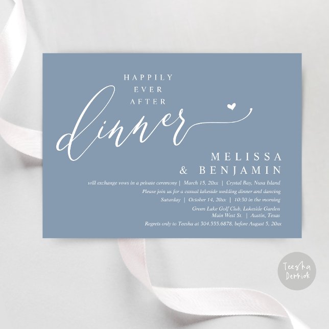 Convite Felizmente Depois do Coração de Casamento Jante (Happily Ever After Dinner Invitation Card, PDF, Romantic Wedding Elopement, Lovely Heart, Dusty Blue)
