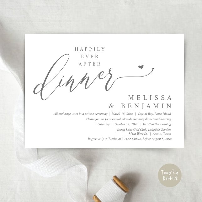 Convite Felizmente Depois do Coração de Casamento Jante (Happily Ever After Dinner Invitation Card, PDF, Romantic Wedding Elopement, Lovely Heart, Dark Grey)