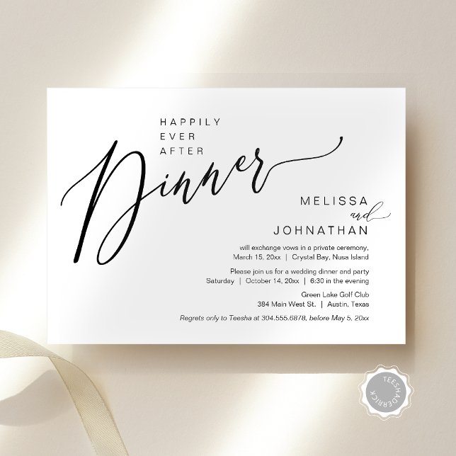 Convite Felizmente Depois Do Festa De Janto De Elopemento  (Happily Ever After Wedding Elopement Dinner Invitation Card, Modern Romantic, Editable Downloadable)