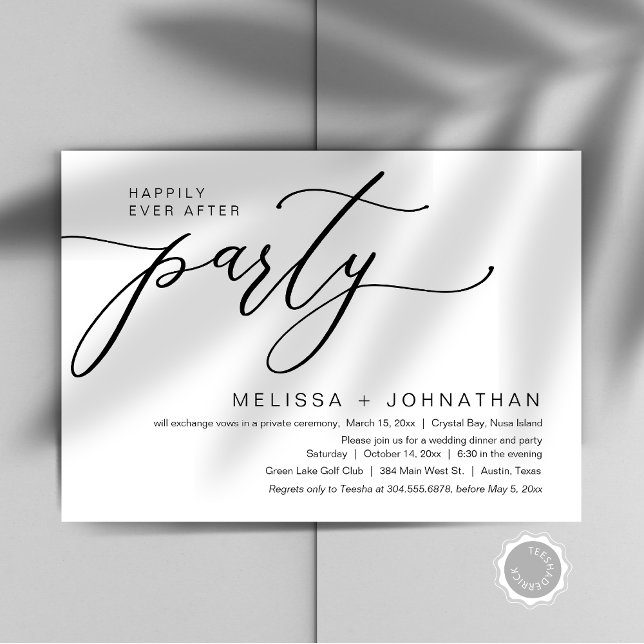 Convite Felizmente Depois Do Festa De Janto De Elopemento  (Happily Ever After Wedding Elopement Dinner Party Invitation Card, editable downloadable, modern)