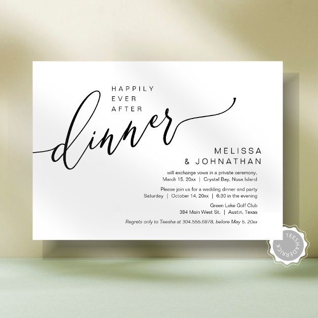 Convite Felizmente Depois Do Festa De Janto De Elopemento  (Happily Ever After Romantic Wedding Elopement Dinner Party Invitation Card, Post Wedding Template)
