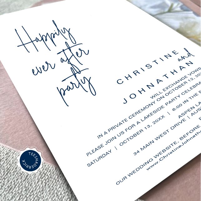 Convite Felizmente Depois Do Festa De Janto De Elopemento  (Happily Ever After Wedding Elopement Dinner Party Invitation Card, Navy Blue Scheme, Downloadable)
