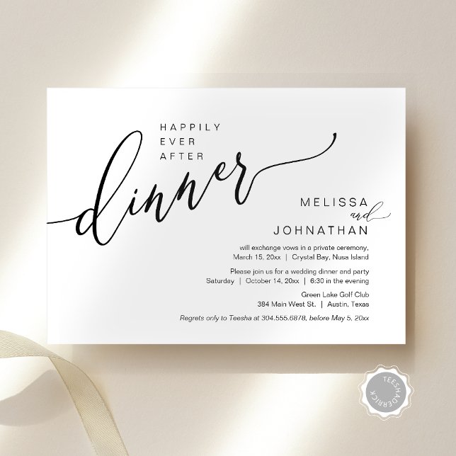 Convite Felizmente Depois Do Festa De Janto De Elopemento  (Happily Ever After Wedding Elopement Dinner Invitation Card, Modern Romantic, Editable Downloadable)