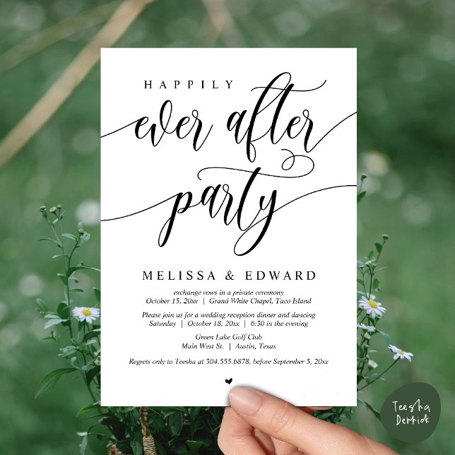 Convite Felizmente Depois Do Festa De Janto De Elopemento  (Wedding Happily Ever After Party Dinner Brunch Elopement Invitation Card, PDF, White Black)