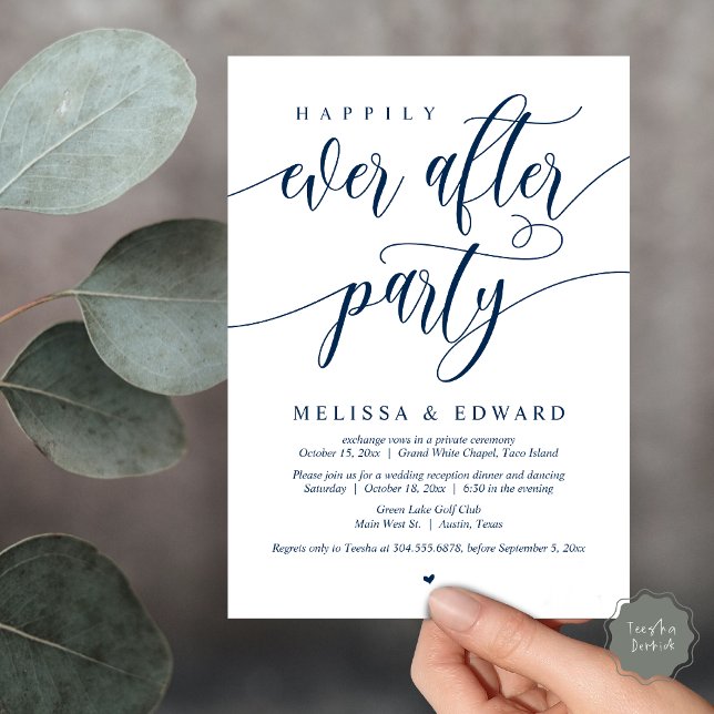 Convite Felizmente Depois Do Festa De Janto De Elopemento  (Wedding Happily Ever After Party Dinner Brunch Elopement Invitation Card, PDF, Navy Blue)