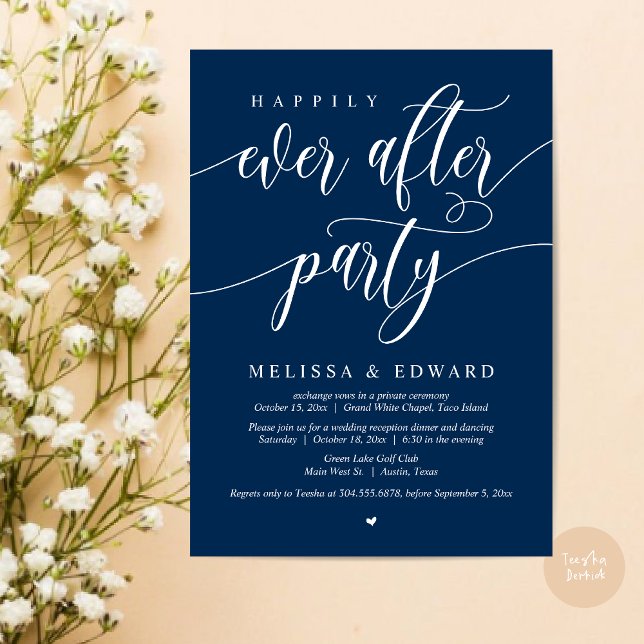 Convite Felizmente Depois Do Festa De Janto De Elopemento  (Wedding Happily Ever After Party Dinner Brunch Elopement Invitation Card, PDF, Navy Blue)