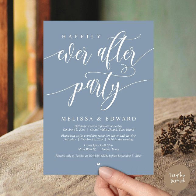 Convite Felizmente Depois Do Festa De Janto De Elopemento  (Wedding Happily Ever After Party Dinner Brunch Elopement Invitation Card, PDF, Dusty Blue)