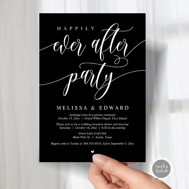 Convite Felizmente Depois Do Festa De Janto De Elopemento  (Wedding Happily Ever After Party Dinner Brunch Elopement Invitation Card, PDF, Classy Black)