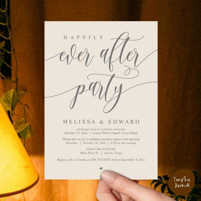 Convite Felizmente Depois Do Festa De Janto De Elopemento  (Wedding Happily Ever After Party Dinner Brunch Elopement Invitation Card, PDF, Cream Grey)