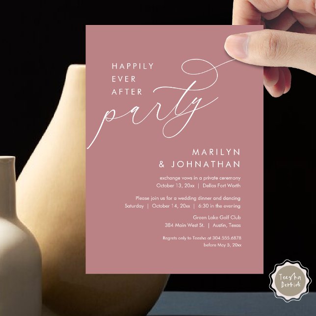 Convite Felizmente Depois Do Festa De Janto De Elopemento  (Happily Ever After Party, Modern Minimalist Wedding Dinner Invitation Card, PDF, Dusty Rose Pink)