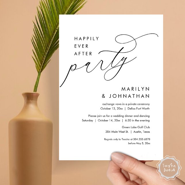 Convite Felizmente Depois Do Festa De Janto De Elopemento  (Happily Ever After Party, Modern Minimalist Wedding Dinner Invitation Card, PDF, Black and White)