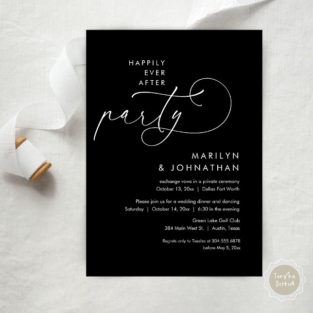 Convite Felizmente Depois Do Festa De Janto De Elopemento  (Happily Ever After Party, Modern Minimalist Wedding Dinner Invitation Card, PDF, classy black)