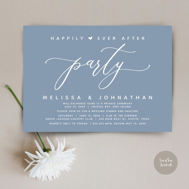 Convite Felizmente Depois do Janto de Casamento Azul de Du (Modern Romantic Wedding Elopement Happily Ever After Dinner Party Invitation Card, PDF, Dusty Blue)