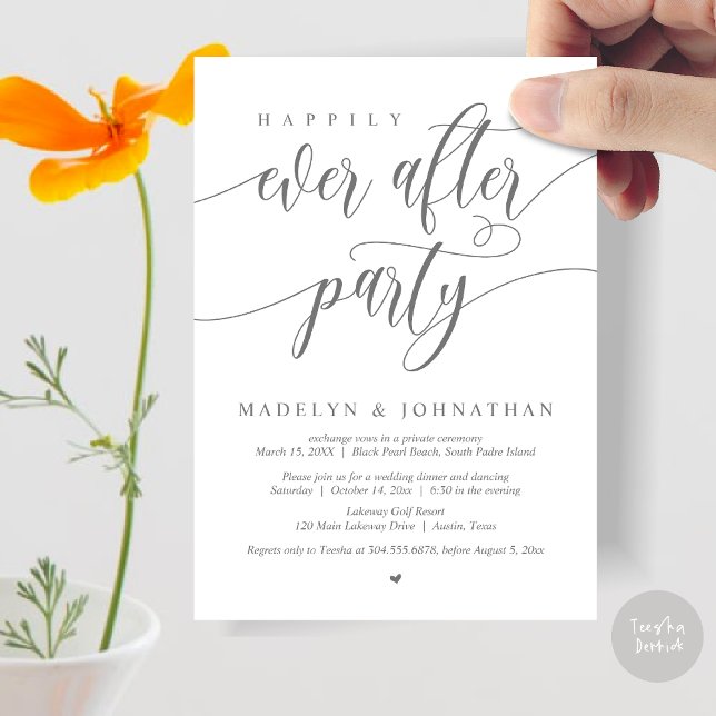Convite Felizmente Depois do Janto de Casamento de Festa,  (Happily Ever After Party, Modern Calligraphy Wedding Dinner Invitation Card, PDF, in Dark Grey)