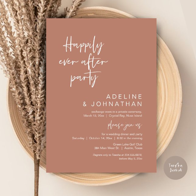 Convite Felizmente Depois do Janto de Casamento de Festa T (Happily Ever After Party, Modern Wedding Elopement, Invitation Card, PDF, in Terracotta Brown)