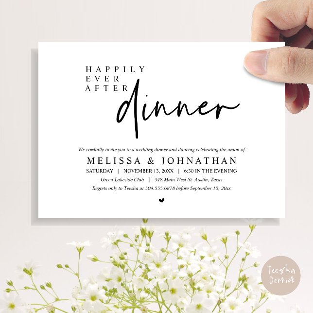 Convite Felizmente Depois do Janto de Casamento e Dança (Happily Ever After Party, Modern Wedding Dinner Dancing Party Invitation Card, PDF, black and white)